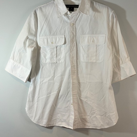Black Label Ralph Lauren White Cotton Button Down Shirt‎ 3/4 Sleeve Pockets- 10 - Picture 1 of 7